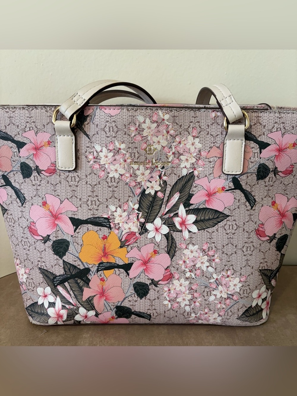 Nanette Lepore Floral Print Tote Medium Zip Detachable Strap Lined Gold